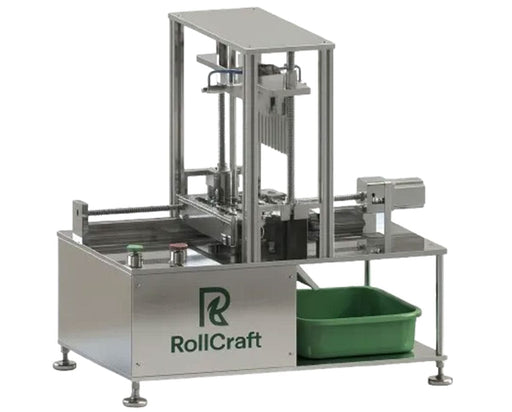 RollCraft ATC automated tabletop pre roll closing machine with stainless steel frame and green collection bin for finished cones.