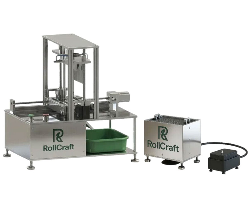 RollCraft ATC and MRB tabletop pre roll machine bundle including automated cone filler unit and Dutch crown closer with foot pedal control.