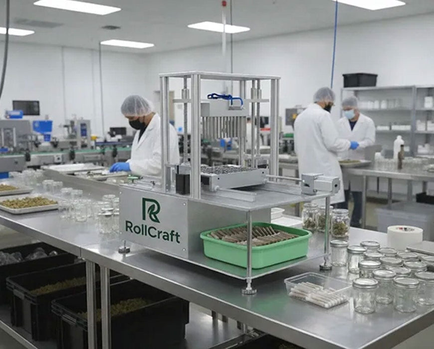 RollCraft ATC pre roll machine operating in a clean production facility with technicians preparing trays of filled cones for closure.