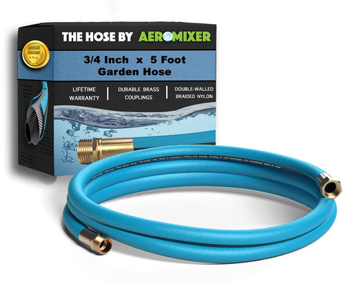 Retail packaging of THE HOSE by Aeromixer with coiled hose, brass fittings, and features like 650 PSI burst pressure.