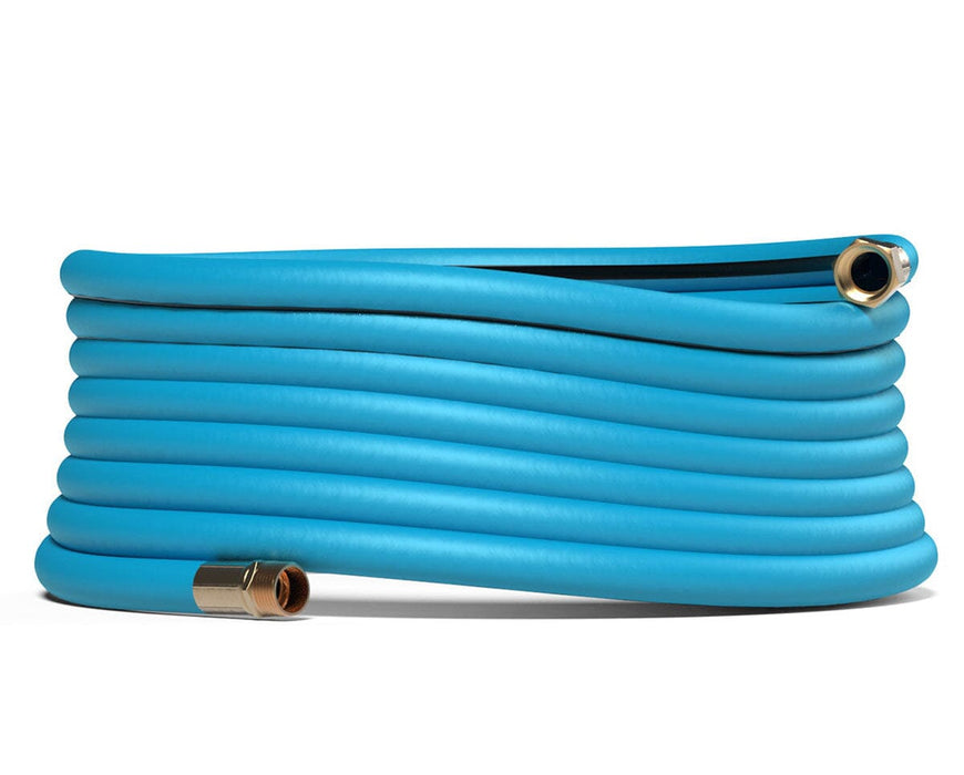 Coiled Aeromixer garden hose with durable blue exterior and solid brass connectors, ready for high-pressure use.