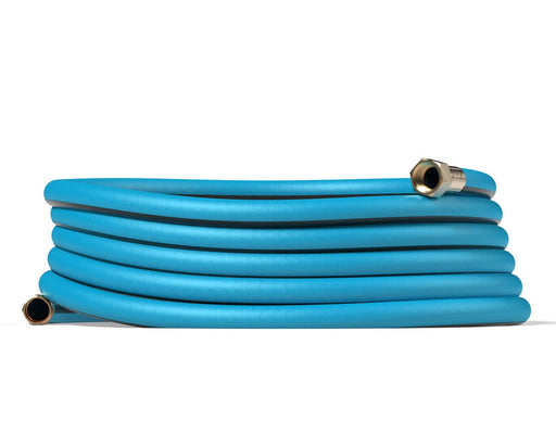 Aeromixer hose fully coiled showing both end fittings, built for heavy-duty garden or pump attachment applications.