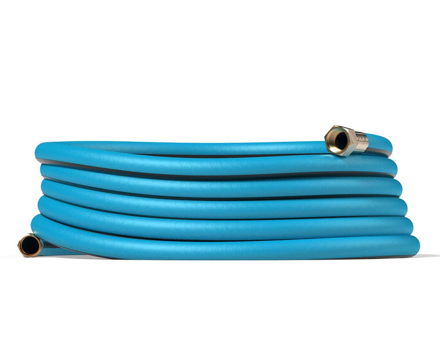 Aeromixer hose fully coiled showing both end fittings, built for heavy-duty garden or pump attachment applications.