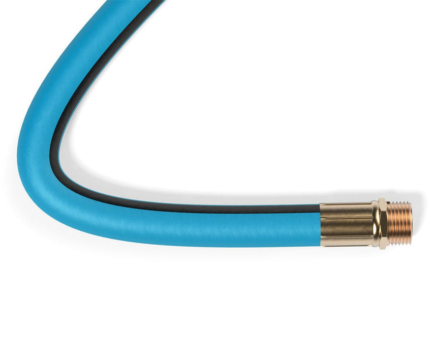 Overhead view of curved Aeromixer hose with visible black stripe and brass fitting, emphasizing flexible nylon design.