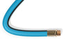 Overhead view of curved Aeromixer hose with visible black stripe and brass fitting, emphasizing flexible nylon design.
