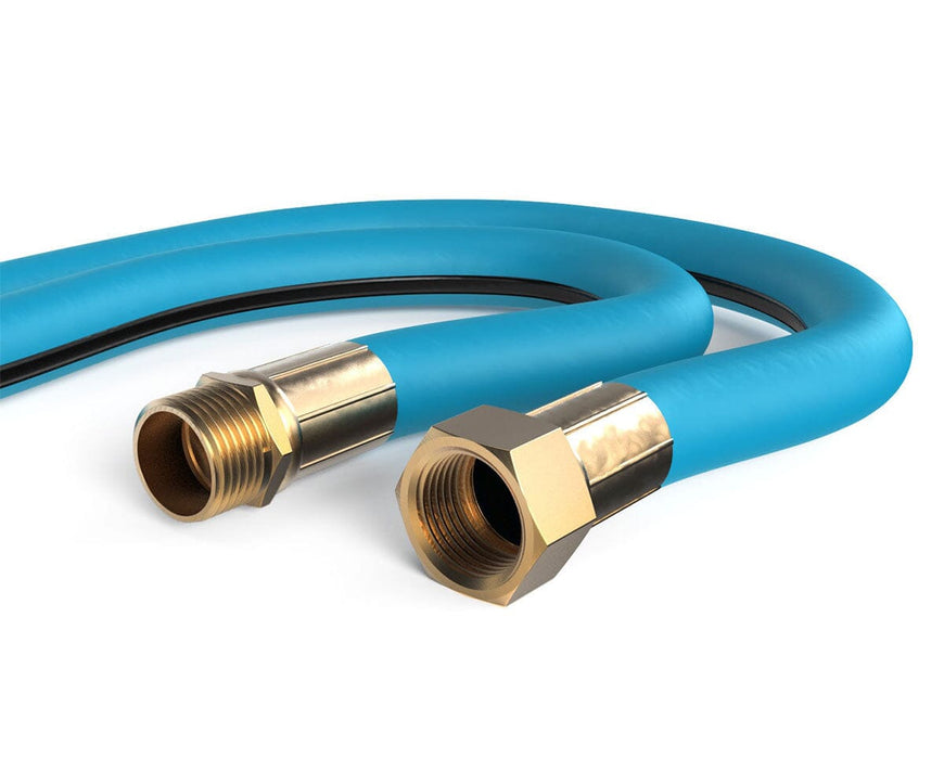 Flexible Aeromixer garden hose with brass male and female couplings, showcasing its kink-resistant construction.