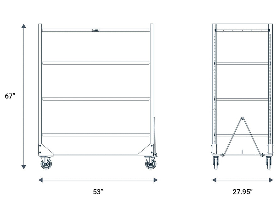 Dimensions of Wachsend 4-level rolling cloning cart metal shelf with wheels on a white background.