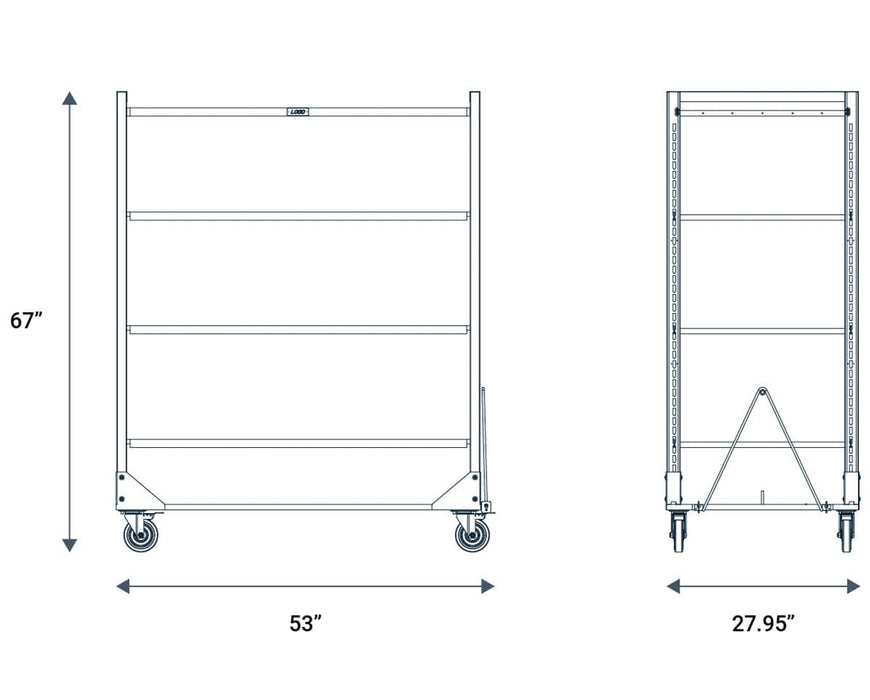 Technical drawing of Wachsen Cloning Cart showing 67" height, 53" width, and 27.95" depth with four shelf levels.