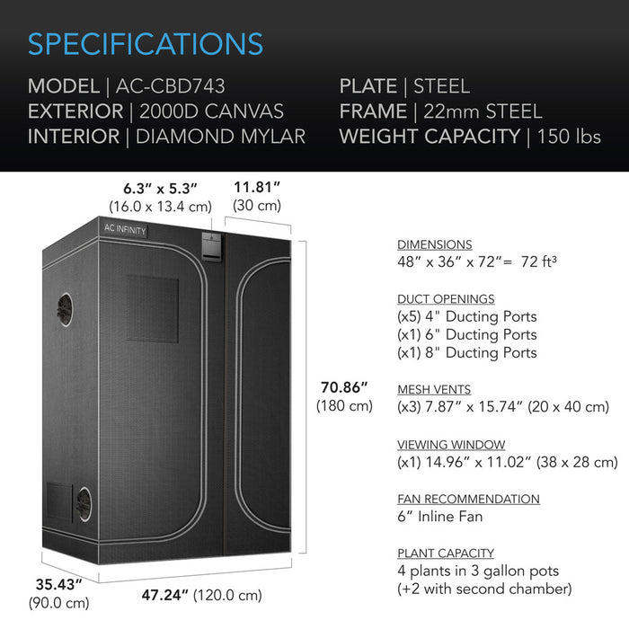 AC Infinity CLOUDLAB 743D, 2-in-1 Advance Grow Tent, 48