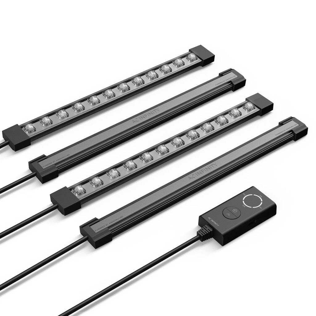 Four AC Infinity IONBEAM S11 LED grow light bars with a wired controller and magnetic mounting ends.