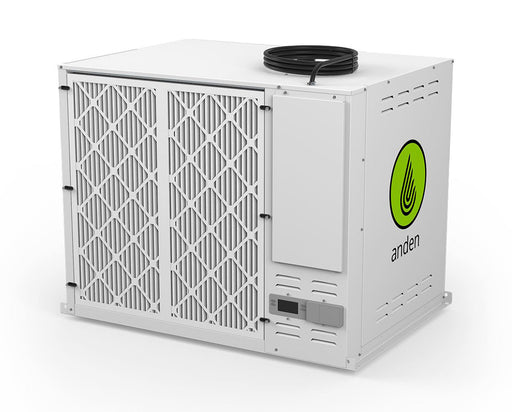  Anden dehumidifier, white industrial unit with dual air filters and green logo.