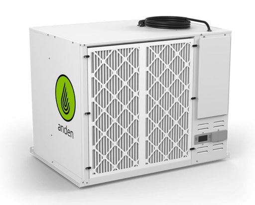 White Anden industrial dehumidifier with dual front filters, power cord, and logo.