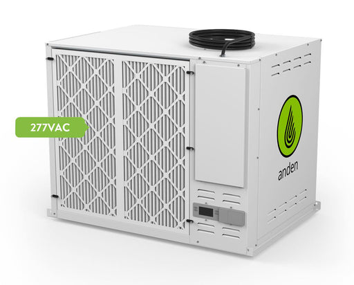 White Anden A710V3 industrial dehumidifier with two front filter panels and a black power cable.