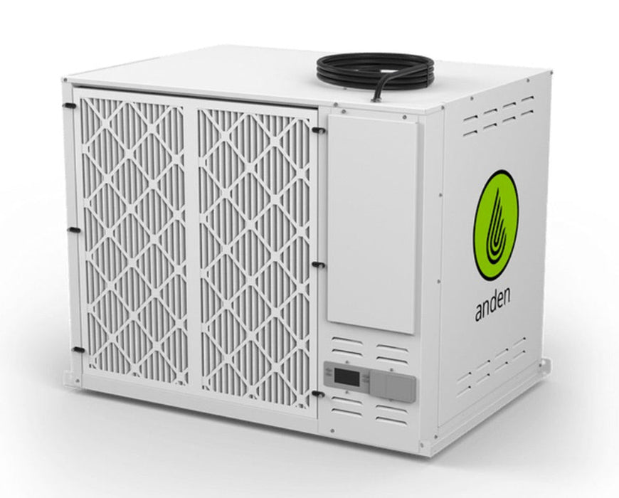 White Anden A710V3 industrial dehumidifier with dual front filters and a coiled black power cord on top.