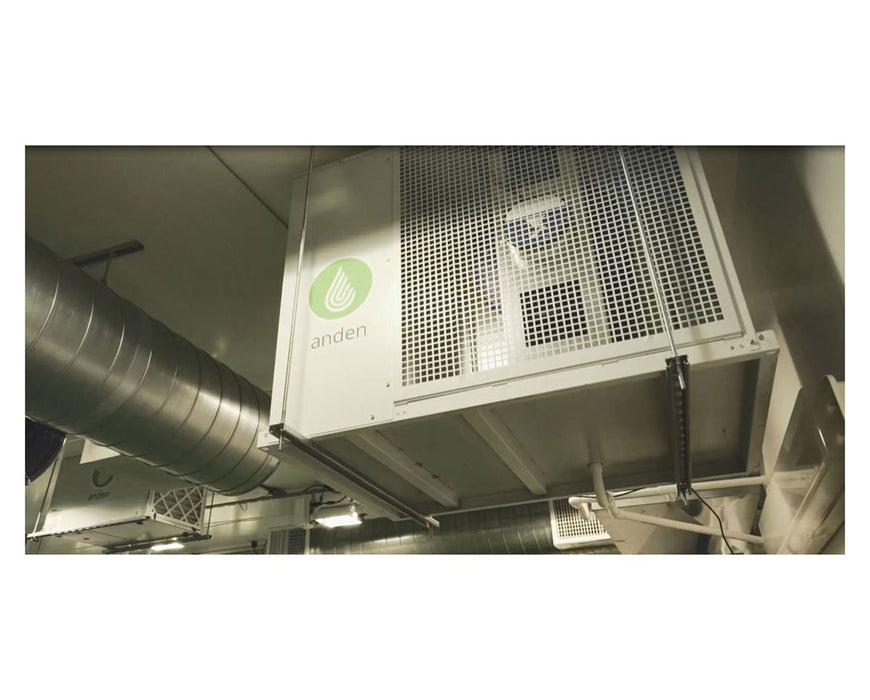 Anden 710V3 industrial dehumidifier, mounted to a ceiling with ductwork visible.