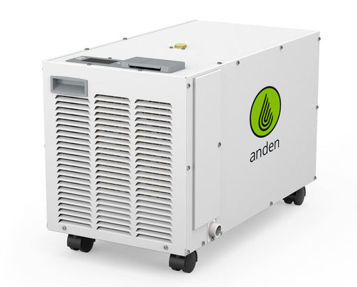 Side view of the Anden A100F dehumidifier, showcasing the sleek design, air vents, and compact size for optimal performance in commercial environments.