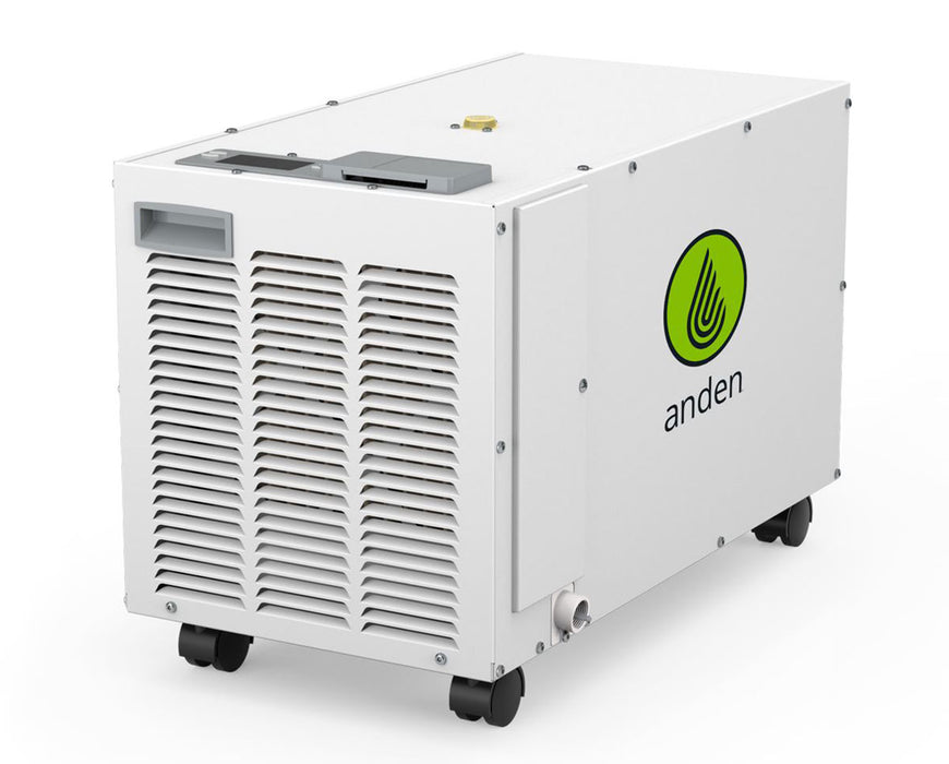 Side view of the Anden A100F dehumidifier, showcasing the sleek design, air vents, and compact size for optimal performance in commercial environments.