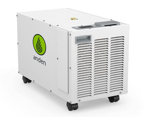 Front view of the Anden A100F dehumidifier, featuring the Anden logo, air intake, and vents for efficient moisture removal in grow spaces.