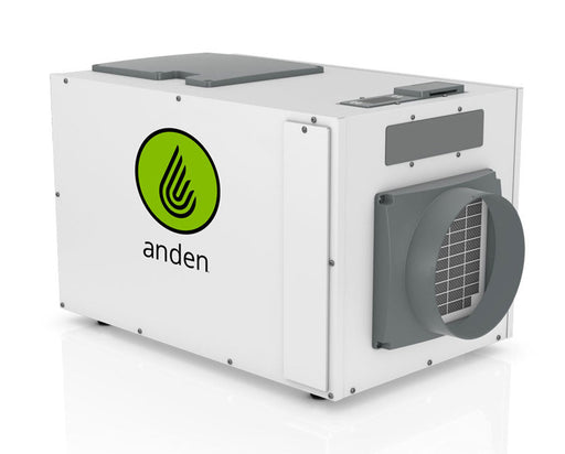 Side view of the Anden A130 Dehumidifier showcasing the sleek design, ventilation fan, and Anden logo, with a clear focus on the air intake port.