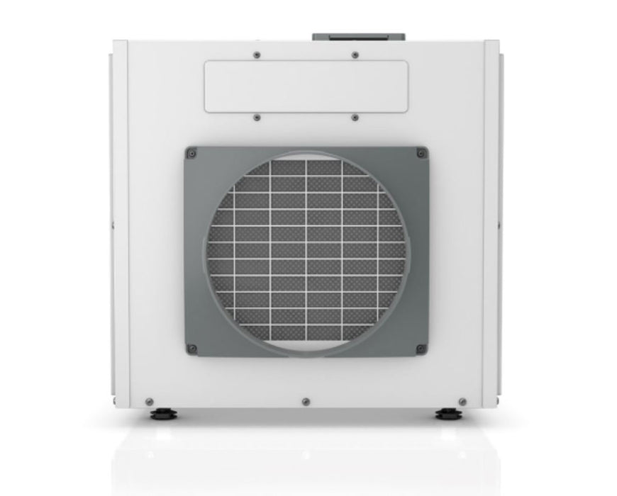 Front view of the Anden A130 Dehumidifier, displaying the air outlet grill and internal components housed behind the protective mesh.