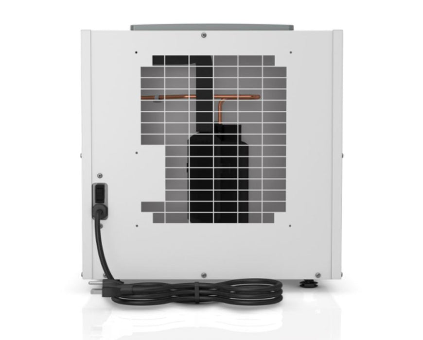 Rear view of the Anden A130 Dehumidifier showing the power inlet, internal coil system, and black power cord neatly arranged at the bottom.