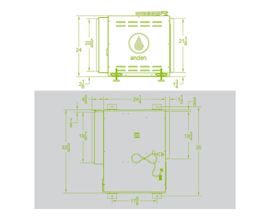 Technical drawing of the Anden A320V3 dehumidifier showing detailed dimensions and components, including leveling feet and drain connection.