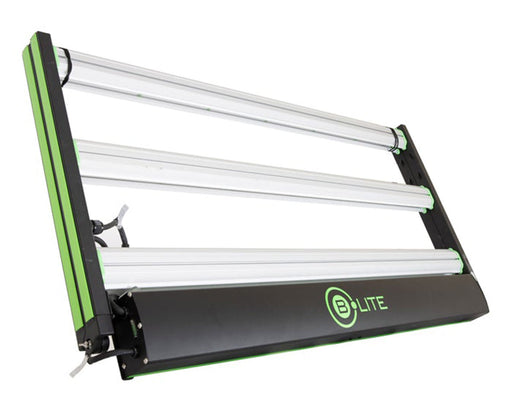 Folded side view of the B-Lite 660W LED grow light highlighting compact storage and green-black frame design.