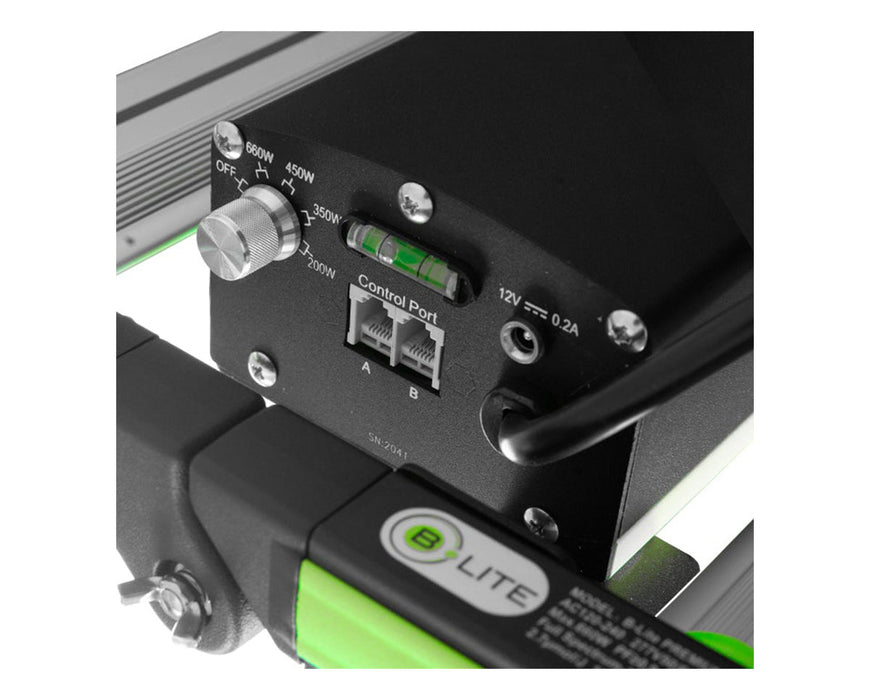 Close-up of the B-Lite 660W control panel with power dial, ports, and built-in level indicator.