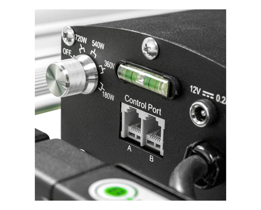 Close-up of B-Lite LED grow light dimmer knob and control ports for wattage adjustment and connectivity.