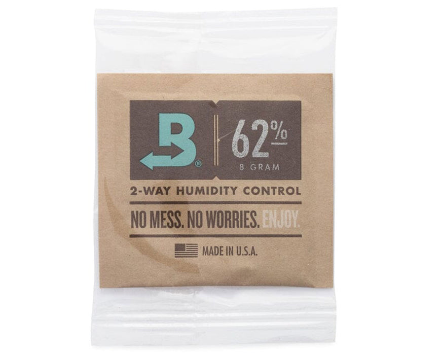 Front of a Boveda 62% RH 8g humidity control pack in individual wrap, labeled for 2-way humidity control with the tagline "No mess. No worries. Enjoy."