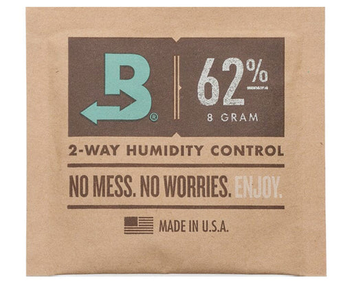 Unwrapped Boveda 62% RH humidity control pack, 8 grams, labeled for 2-way humidity control with "No mess. No worries. Enjoy." printed on kraft paper packaging and Made in U.S.A. badge.
