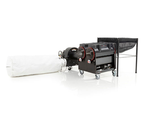 Black non-stick CenturionPro Gladiator tumbler with red end rings, used for trimming cannabis flowers.