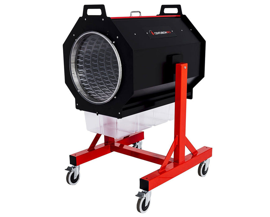 Side view of the CenturionPro DBT Model 3 trimmer on a red mobile stand with collection bin.