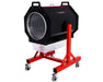 Side view of the CenturionPro DBT Model 3 trimmer on a red mobile stand with collection bin.