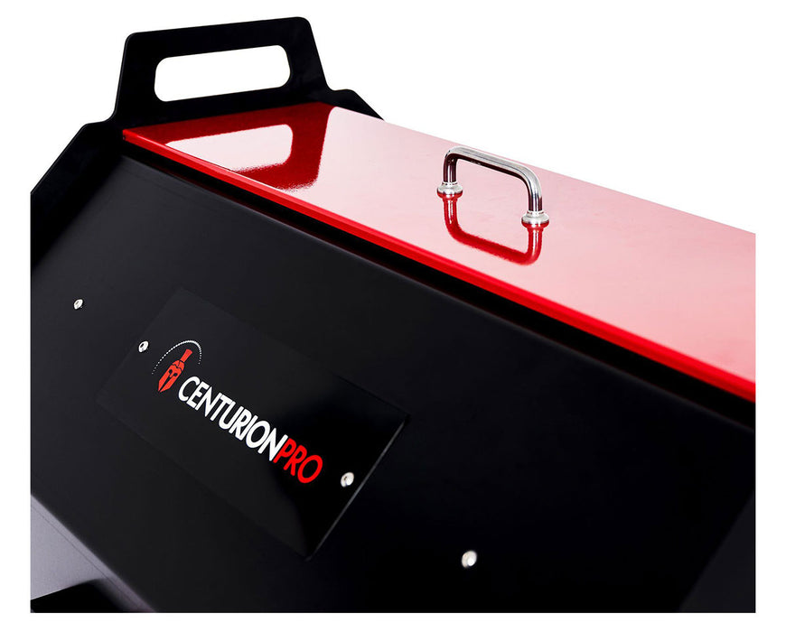 Close-up of the red and black top panel of the DBT Model 3 featuring the CenturionPro logo and a stainless steel handle.