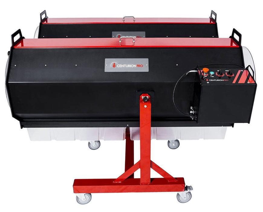 Rear view of the CenturionPro DBT Model 5 showing the full control box, handle, and red steel stand.