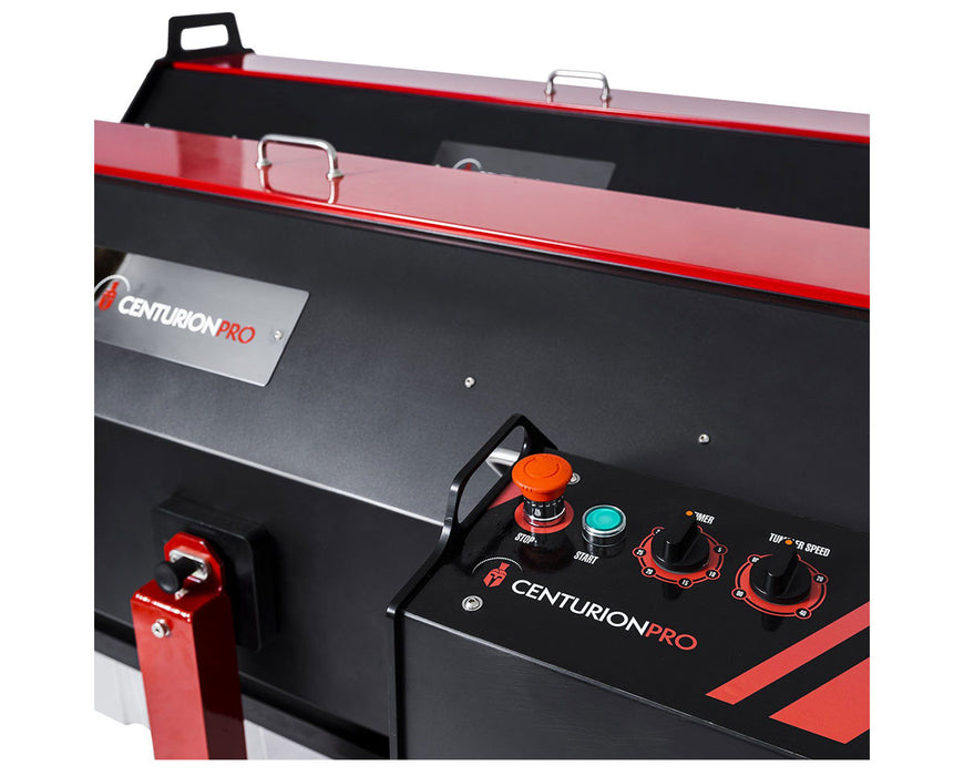 Close-up of control box on the CenturionPro DBT Model 5 featuring start/stop buttons and timer/speed dials.