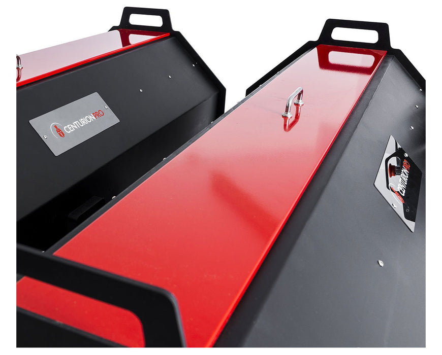 Top close-up of CenturionPro DBT Model 5 showing red access panel with metal handle and logo plate.