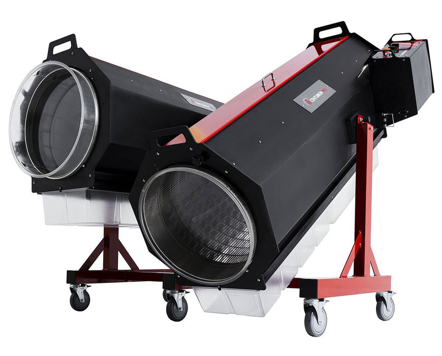 Side-by-side view of two CenturionPro DBT Model 5 dry batch trimmers on mobile red stands.