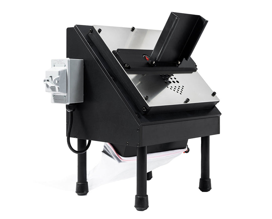 This angled side view displays the CenturionPro GC Mini Bucker with the input chute and side motor housing.