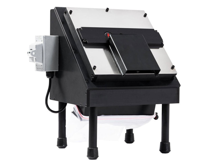 This left-angle view captures the GC Mini Bucker’s input chute, collection bag, and compact leg design.