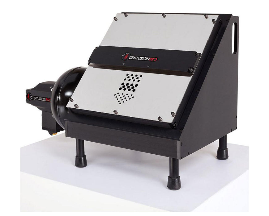 Side view of the CenturionPro GC1 Bucker with stainless steel faceplate and black frame.