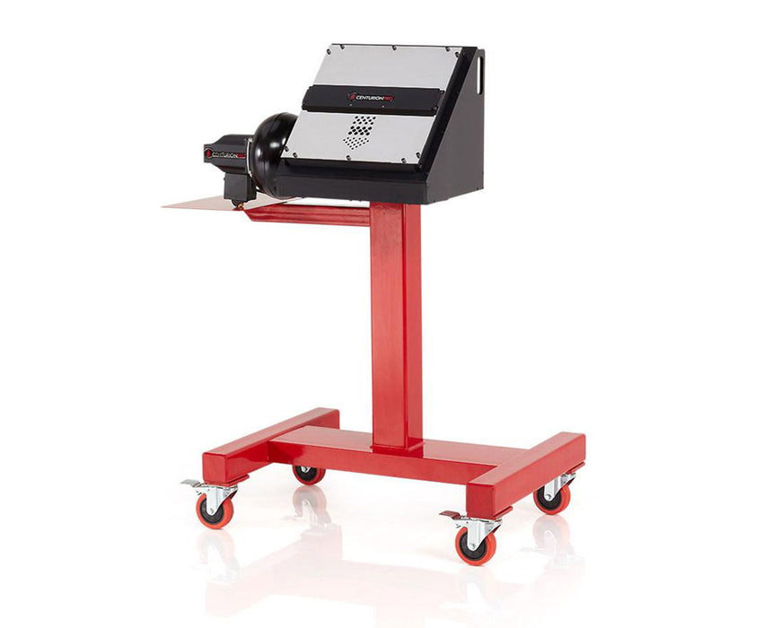 Full GC1 Bucker system mounted on a red rolling stand with visible chute.