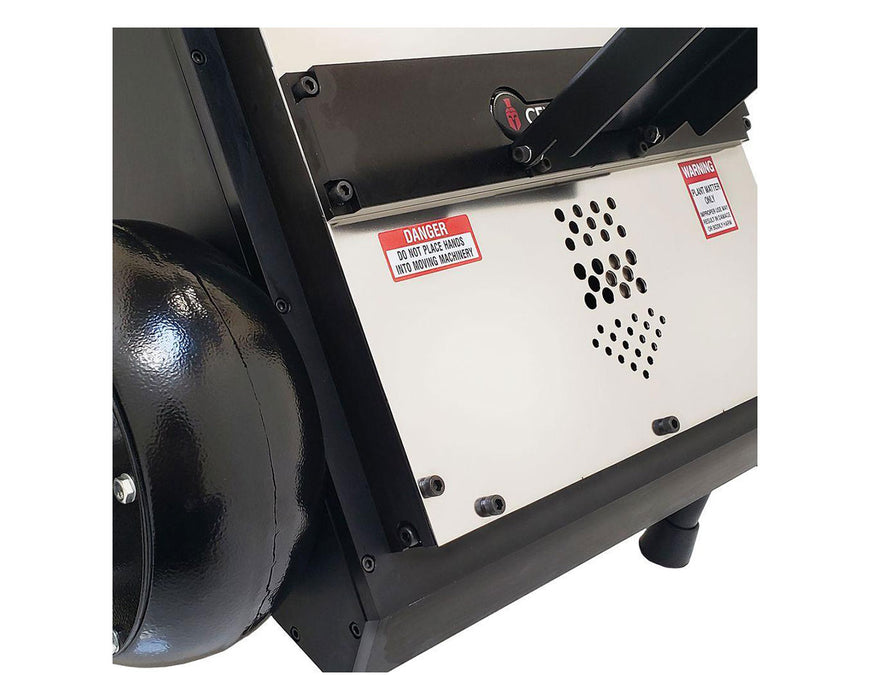 Close-up of GC1 Bucker warning labels and intake chute area.