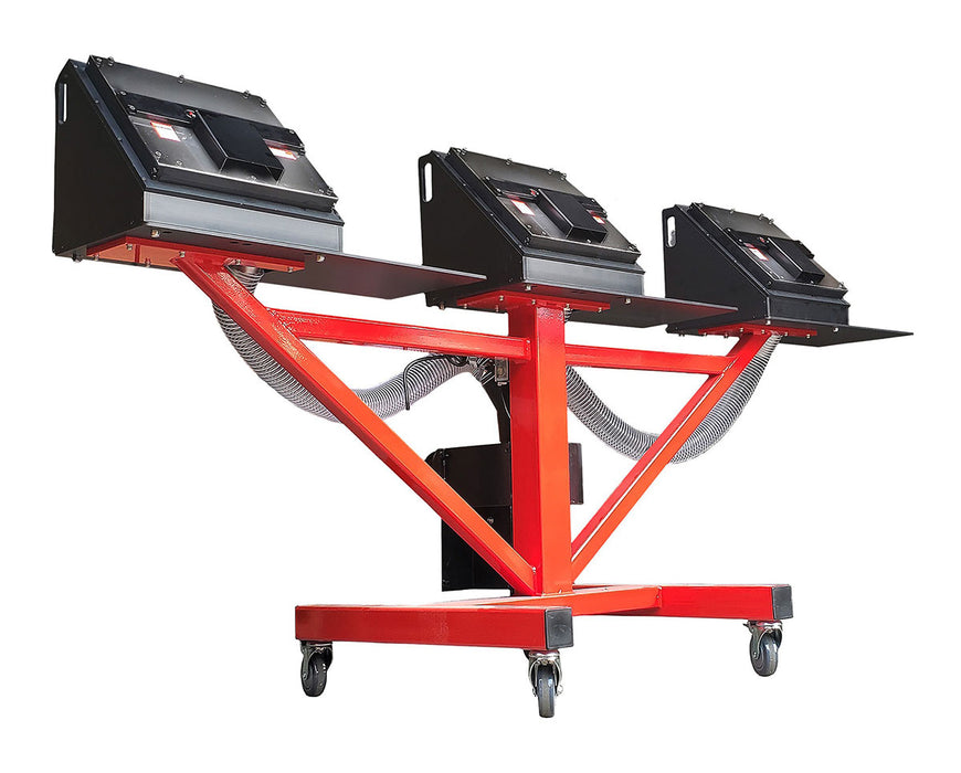 CenturionPro GC3 Bucker Machine with three debudders mounted on a red industrial stand with caster wheels.