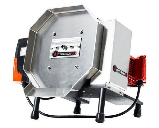 Front angle of the CenturionPro HP Mini Bucker debudder machine with stainless steel face and feed entry.