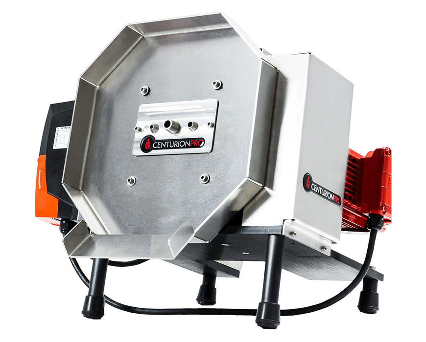 Front angle of the CenturionPro HP Mini Bucker debudder machine with stainless steel face and feed entry.