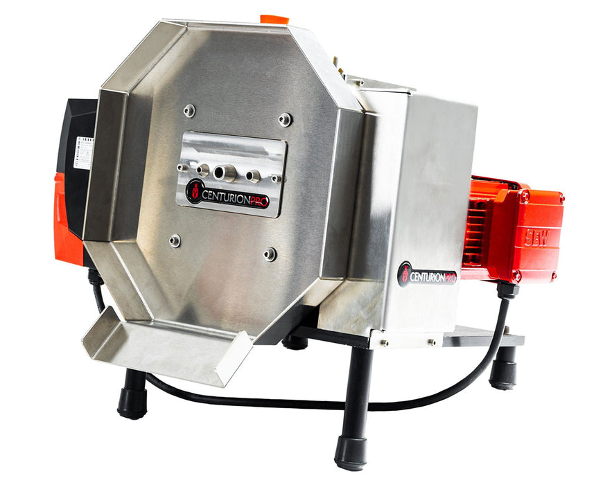 Side angle view of the CenturionPro HP Mini Bucker showcasing motor housing and stainless build.