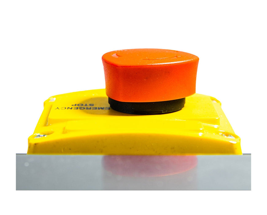 Close-up of the emergency stop button on the CenturionPro HP Mini Bucker for safety control.