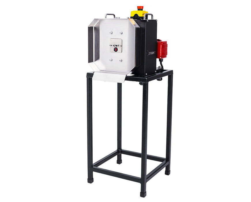 Front view of the CenturionPro HP TableTop Bucker mounted on a black stand, showing its stainless steel feed plate and control box.